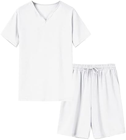 מכנסיים קצרים מגברים מכניסים 2 תלבושות של פשתן קיץ מזדמן סט שרוול קצר הנלי מכשירים סטים רגילים של חוף ים.