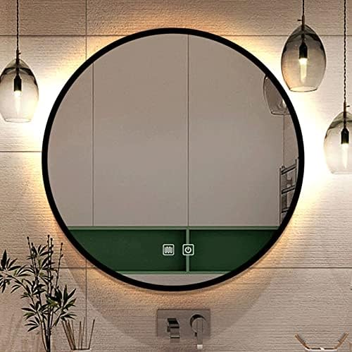 מראה חדר אמבטיה מוארת עגולה עם בקרת מגע חיישן - מראה יהירות אנטי -ערפל רכוב על קיר - מראה איפור עם תאורה אחורית של מסגרת מתכתית - 3 צבע LED צבע לעומק - IP65 אטום למים (צבע: שחור, S
