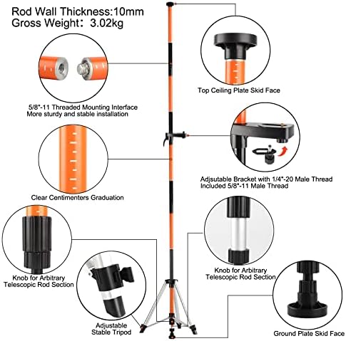 מוט רמת לייזר של Kezers עם חצובה, 12ft./3.7 מ 'מוט טלסקופינג לרמות לייזר, 1/4 אינץ' -20 לייזר לייזר לרמת לייזר סיבובית וקו, מוט מתכוונן וחצובה עם 5/8 -11 מתאם הברגה-FLP370B