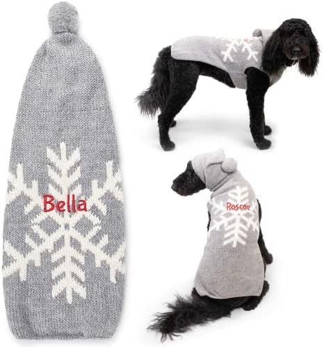 Gotags סוודר כלבים סרוג בהתאמה אישית עם מכסה המנוע, סוודר כלבי שלג צמר רך רקום בשם, סוודר כלבי חג המולד לכלבים קטנים וגדולים, פתית שלג חגיגית