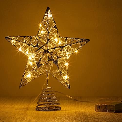 Toppers עץ חג המולד של ג'וידומי, טופר עץ כוכב כסף נצנצים מואר באורות LED לבנים חמים לקישוטי עץ חג המולד, עיצוב מקורה מסיבת חג