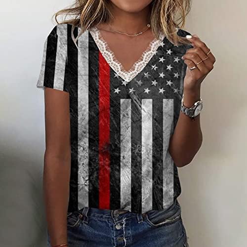 2023 נשים 4 ביולי צמרות דגל אמריקאי דגל מודפס תחרה תחרה V צוואר חולצות פטריוטיות חולצות רופפות מזדמנים חולצה