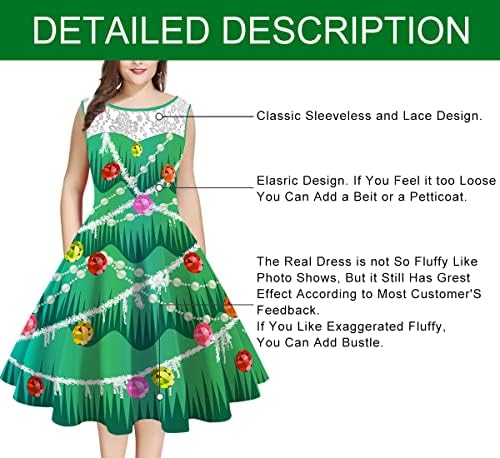 UNIFACO לנשים פלוס גודל שמלות יומיות לחג המולד ללא שרוולים ללא שרוולים הדפס צוואר עגול שמלת מסיבת קוקטייל מתרחבת עם תחרה