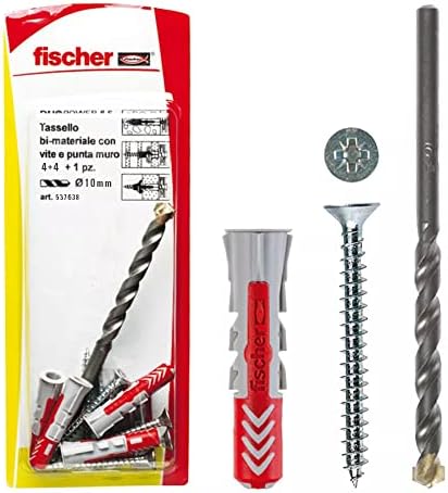Fischer 537638 Dowel עם בורג ואחד מקדח דואופ, 10 x 50 ממ, אפור/אדום, 4 חתיכה