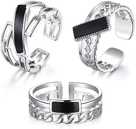 3 יחידות טבעת מתכווננת אופנתית ופאנק לנשים ונערות-טבעות כסף מצופות פלטינה, ניתנות לגיבוב, אמייל וחלול, מידות 5.5 עד 7.5