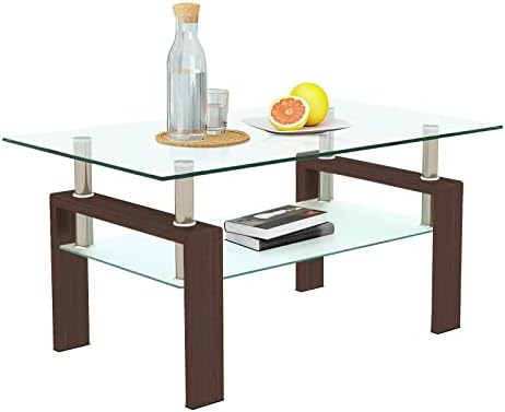 שולחן קפה מזכוכית, שולחן מרכזי מלבן שולחנות סלון עם מדף תחתון, שולחן קפה מודרני שקוף בן 2 קומות עם רגלי צינור מתכת, שולחנות זכוכית לסלון אזור המתנה, אגוז