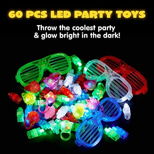 ג'וין 60 יחידות LED LED צעצועים, זוהר במסיבות הכהות טובות, ציוד למסיבות ערב השנה החדשה עם 44 אורות אצבעות LED, 12 טבעות מהבהבות מהבהבות ו -4 משקפיים מהבהבים, קישוטים לשנה טובה