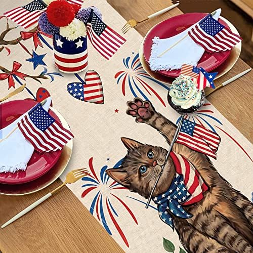 סלים 4 ביולי אמריקה חתול רץ לשולחן פטריוטי, פסים כוכבים לב פנסי קיטי יום הזיכרון האמריקאי עיצוב שולחן אוכל למטבח, חופשת הקיץ בארה ' ב אספקת מסיבות לקישוט הבית 13 על 72 אינץ