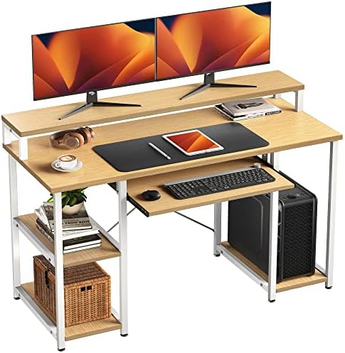 נובלוול שולחן מחשב עם אחסון מדפים, 47 אינץ בית משרד שולחן עם מעמד צג, כתיבה שולחן שולחן עם מקלדת מגש