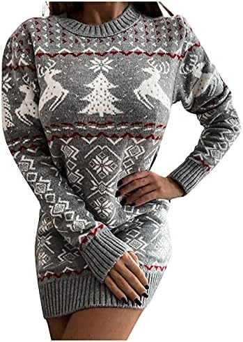 שמלת סוודר סוודר של נשים מדפיסת חג המולד שמלת סוודר ארוכה עם כיסים שמלות סוודר שמלת סוודר MIDI