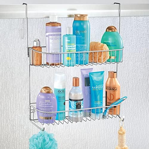 עיצוב חוט מתכת רחב במיוחד מעל דלת המקלחת של אמבטיה, מארגן אחסון תלוי עם ווים וסלים מובנים על 2 מפלסים לשמפו, שטיפת גוף, לופים, עמידים בפני חלודה - כרום