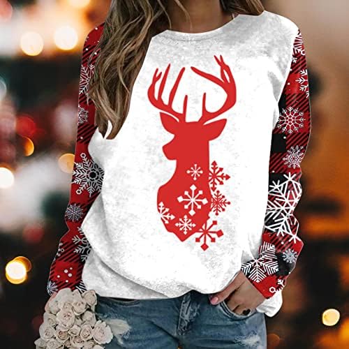 Beuu Elk and Snowflake Print Stepshirts חולצות חג מולד לנשים שרוול מזדמן צוואר עגול צוואר רופף חולצות קופצות