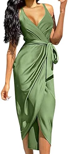 שמלת BodyCon של נשים רושות נשים א -סימטריות ללא שרוולים V צוואר חילון חולצה סאטן קוקטייל חגורה קוקטייל מידי שמלת פלוס