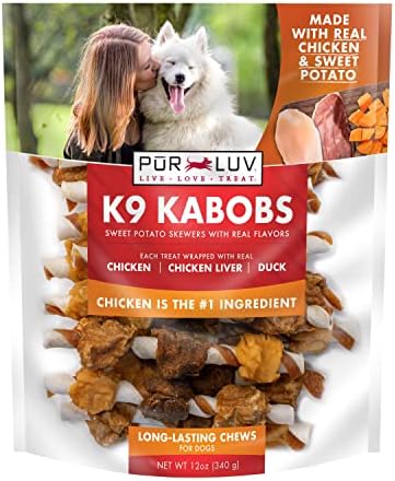PUR LUV K9 KABOB עוף אמיתי, ברווז, ופינוקים של כלבי בטטה, עשויים עוף אמיתי ובטטה, בריאים, ניתנים לעיכול בקלות, ארוך טווח וטיפול בחלבון גבוה, 48 גרם