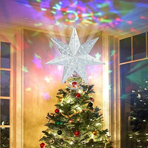 Lvydec מקרן טופר עץ חג המולד נוצץ, כוכב טופר עץ כסף המופעל על ידי סוללה עם מקרן אדווה מקסב סיבוב צבעוני לקישוט עץ חג המולד