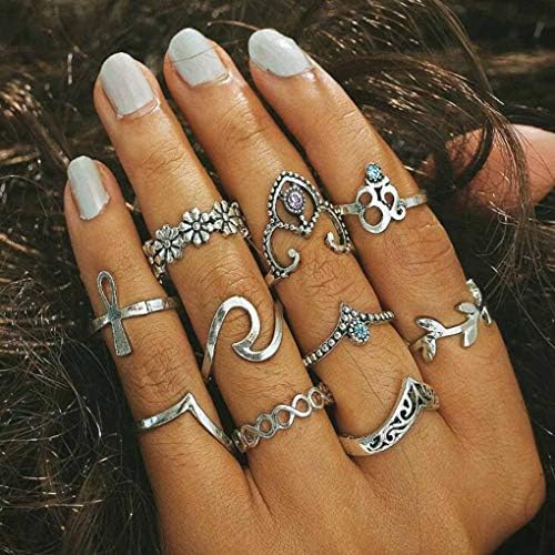 אדפליקו בוהו קריסטל טבעת סט כסף פרח מפרק טבעת סטי יד אביזרי תכשיטים לנשים ונערות