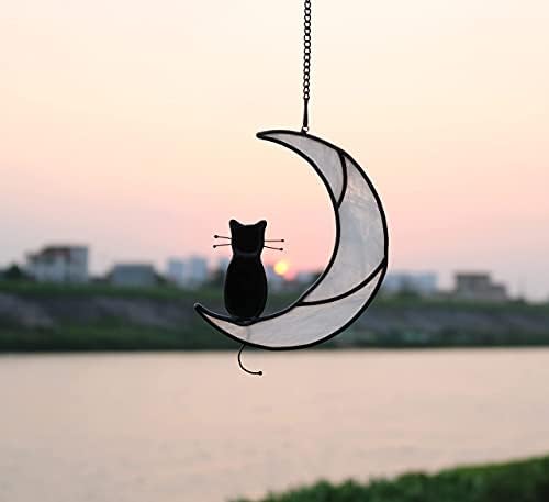 Haosum חתול שחור על ירח לבן ויטראז 'חלון תלייה קישוט, מתנות זיכרון לחתולים, מתנות לחתול לאמא, מתנות נושא לחתול לאוהבי החתולים