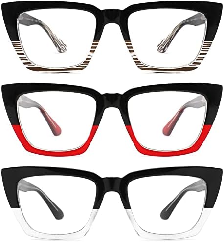3 אריזות משקפי קריאה גדולים לנשים חסימת אור כחול חוסם עין חתול מסוגננת קוראי מחשב משקפיים לנשים עם מקדשים מתכווננים