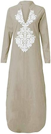 שמלת Tifzhadiao Maxi לנשים שרוול ארוך עמוק v צוואר שמלות ארוכות מזדמנים שמלת פשתן כותנה טרנדית שמלת קיץ שמלה