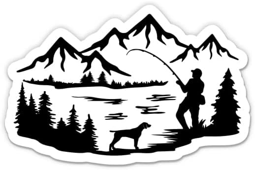 דיג עם מדבקה לכלבים - מדבקת מחשב נייד 3 אינץ ' - ויניל אטום למים לרכב, טלפון, בקבוק מים - מדביות הרים נוף מדבקות