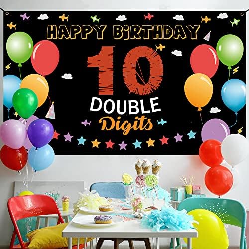 באנר רקע יום הולדת 10, קישוטי יום הולדת 10 שמחים, ילדים בני 10 ספרות כפולות מסיבת יום הולדת חצר עיצוב שלט, צבעוני עשר אבזרי צילום ליום הולדת לחיצוני מקורה, בד ויציקטי
