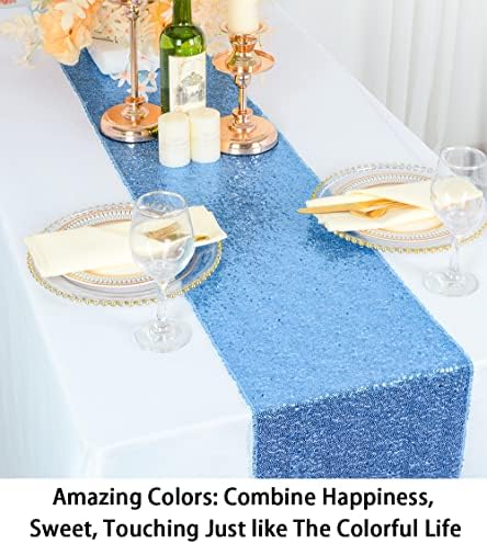 מבריק יופי תינוק כחול נצנצים שולחן רץ-12 על ידי 72-אינץ, מותאם אישית עבודת יד אלגנטי חתונה אירוע שולחן רץ