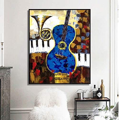 ציור שמן על בד - מופשט מוזיקלי כחול כינור אמנות מודרני ציור שמן על בד בגודל גדול צייר ביד יצירות אמנות עיצוב קיר לקישוט ביתי בסלון, 90x90 סמ לא ממוסגר