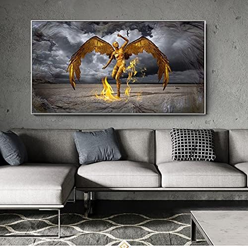 פוסטר קיר מלאך בצבע זהב דפסת אמנות באנבס מודרנית מדפיס מלאך מופשט עם אש קואדרוס תמונה לעיצוב קיר בסלון