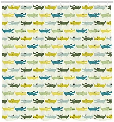 וילון מקלחת של בעלי חיים של אמבסון, דמויות תנין בסגנון קריקטורה פרצופים מצחיקים תנינים של בעלי חיים, תפאורה של אמבטיה בד בד עם ווים, 69 W x 84 L, צהבה ירוקה צהובה