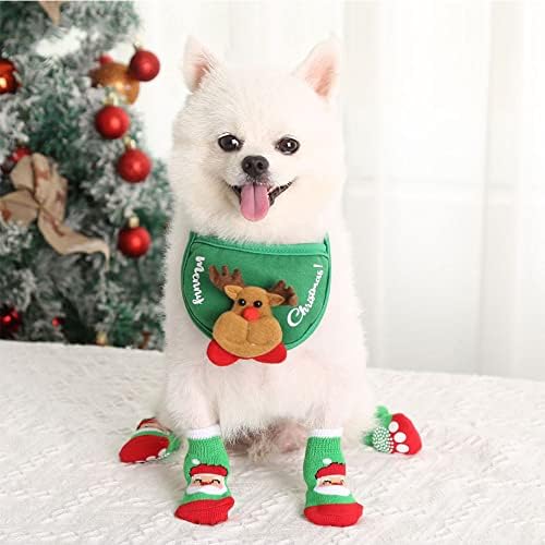 4 יח 'גרבי כלבים לחג המולד נגד החלקה לחתולים קטנים של כלבים בינוניים + כלב חג המולד חתול בנדנה ביב