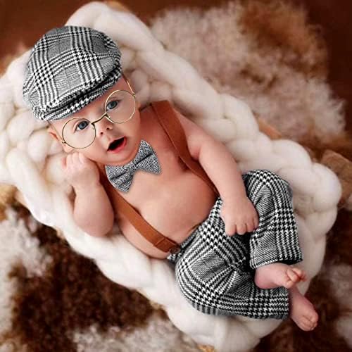 4 יחידות יילוד תינוק אבזרי תמונה, סריג מכנסיים ביריות עם כומתה משקפיים עניבת פרפר עבור תינוקות בנים תלבושות