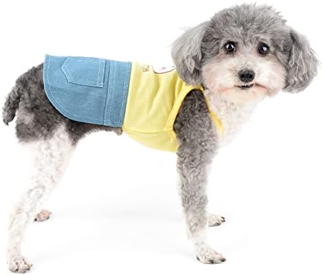שמלת ג'ינס של כלב רנפי לכלבים קטנים ילדה בגדי חיות מחמד חמודים עם כיסים כפולים מצוירים הדפס ארנב גור אביב אביב קיץ חתולי קלע חצאית, צהוב, XS