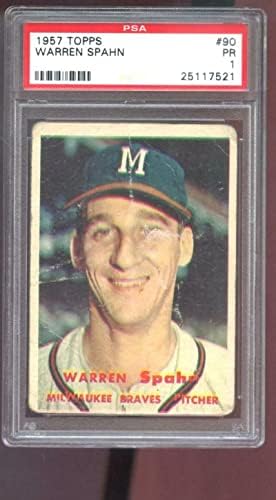 1957 Topps 90 Warren Spahn PSA 1 כרטיס בייסבול מדורג MLB Milwaukee Braves - קלפי בייסבול מטלטלים