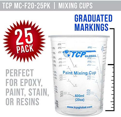 TCP גלובלי 20 גרם אונקיה חד פעמית גמישה בירור ברורה בירור כוסות ערבוב - קופסה של 25 כוסות ו -25 מקלות ערבוב - שימוש לצבע, שרף, אפוקסי, אמנות, מטבח - יחסי מדידה 2-1, 3-1, 4-1, ML
