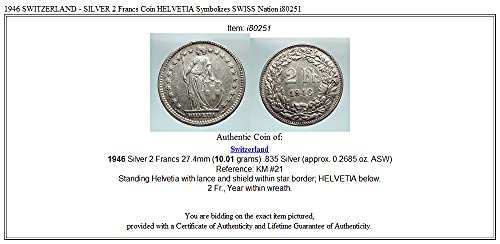 1946 CH 1946 שוויץ - כסף 2 פרנק מטבע מטבע Helvetia Dinomination_in_descript