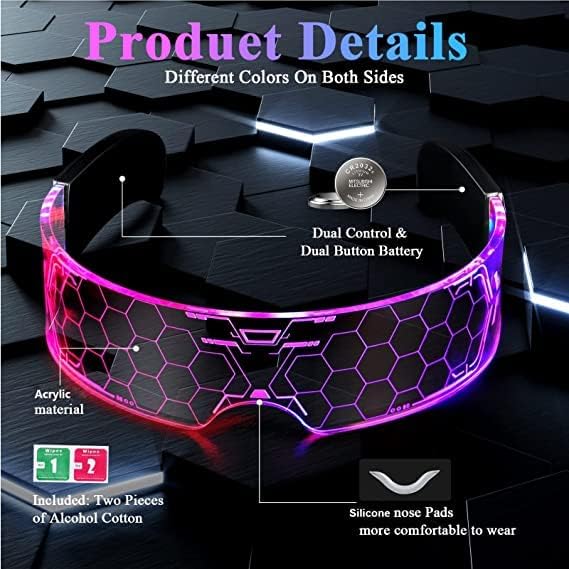 משקפי מגן LED של FOCUCS 7 צבעים משקפיים עתידניים 4 מצבים מדליקים משקפיים חלת דבש משקפיים זוהרים למסיבה נלהבת, EDM