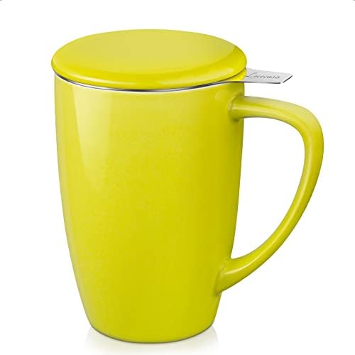 Lovecasa 15 גרם ספל תה עם מכסה ומכסה, ספל תה תה עם ספל קרמי של ידית עם פילטר לתה, חלב, קפה, חומרי תה עלים רופפים, צהוב לימון