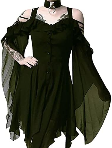 נשים של בציר גותי קר כתף שמלת פרפר שרוול סקסי צוואר כפתור לפרוע סדיר קלע שמלת ליל כל הקדושים שמלה