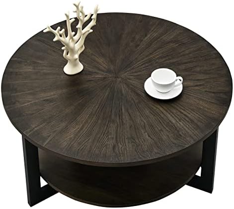 שולחן קפה עגול עם אחסון, שולחן קפה לבית חווה לסלון, שולחן מרכז מעגל מעץ מלא, שולחן עץ שחור כפרי ומסגרת מתכת-1338-בק