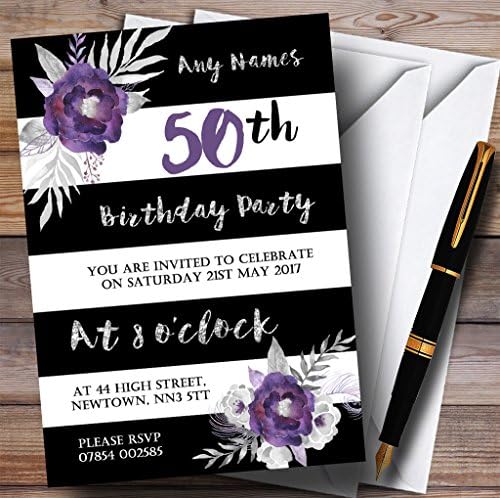 פרח סגול של כסף לבן שחור הזמנות למסיבת יום הולדת בהתאמה אישית 50