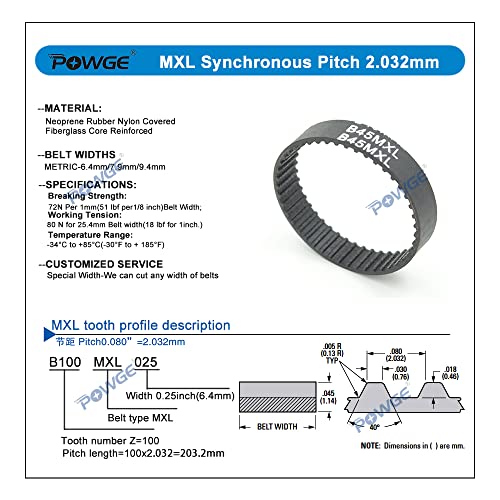 POWGE MXL תזמון סוג חגורת B37/B38/B40/B41/B42/B43/B45/B46/B47/B48/B49/B50/B51/B52/B53 רוחב 6.4 ממ B37MXL B40MXL B45MXL B50MX, חפיסה של 5CTH, VID, VID, VID, VILG.40MM, VID, VIDTTH, VIDGTH, VILGE, VIDGE,