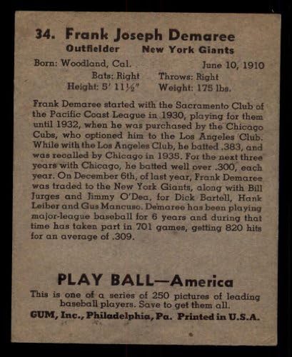1939 משחק כדור 34 פרנק דה -דה ניו יורק ענקים VG/Ex Giants
