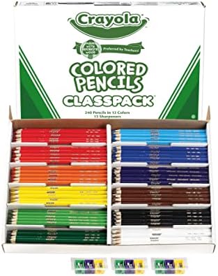 CRAYOLA 240 CT Clored Pencil Classpack, 12 צבעים שונים עם קריולה 200 סמק סמני קו עדינים, 10 צבעים שונים צרור