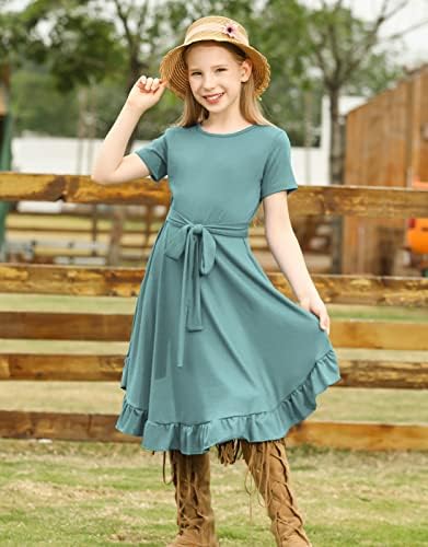 קימידי בנות קצר שרוול נדנדה שמלת ילדים לפרוע רופף מזדמן לסובב חגור שמלות עם כיסים עבור בנות 6-12 שנים