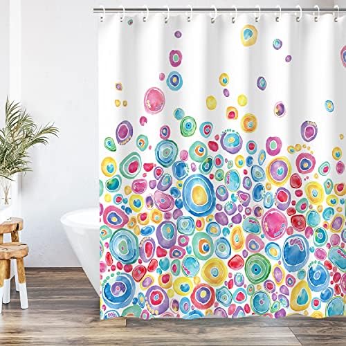 וילון מקלחת של רוזאליות פולקה נקודה, לילדים בצבעי מים מעגלי קשת מעגלי קשת וילונות מקלחת עם 12 ווים, עיצוב אמבטיה אטום למים, 72 x 72 אינץ '