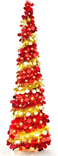 עץ חג המולד של עפרון הורודור, עץ חג המולד של טינסל 5 רגל עץ חג המולד מלאכותי מתקפל עם 100 אורות נצנוץ לקישוטים למסיבות קרנבל לחג