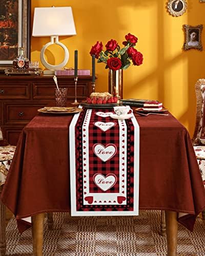 רץ לשולחן אוכל ליום האהבה 13 על 90 אינץ', מלבן רצי שולחן עמידים בחום שידה עיצוב שולחן יומיומי לכביסה במכונה, פעימות לב אהבה רומנטיקה מתוקה משובצת אדומה