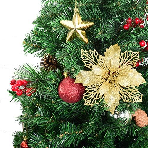 Artiflr 16 PCS פרחי Poinsettia חג המולד, פרחים מלאכותיים נצנצים פוינסטיה זר חג המולד קישוטים לעץ חג המולד לקישוטים לחג המולד, זהב