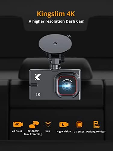 מקף מצלמת קדמית ומאחור עם wifi - Kingslim D2 Pro 4K קדמי יחיד/2k+1080p קדמי קדמי קדמי ואחורי למכוניות עם ראיית לילה ומוניטור חניה 24 שעות, נתמכת 256 ג'יגה -בייט, שחור