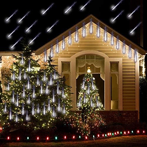 אורות מטאור של Purtuemy חיצוניים אורות גשם נופלים אורות עיצוב חג המולד אורות 12 אינץ '8 צינור 192 LED שלג נופל קרח נופל אורות מפלס לחג המולד ליל כל הקדושים עץ חיצוני חתונה לבנה.